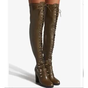 New Shoedazzle Daneisha Lace Up Heeled Boot Dark Olive Steampunk Goth Size 9
